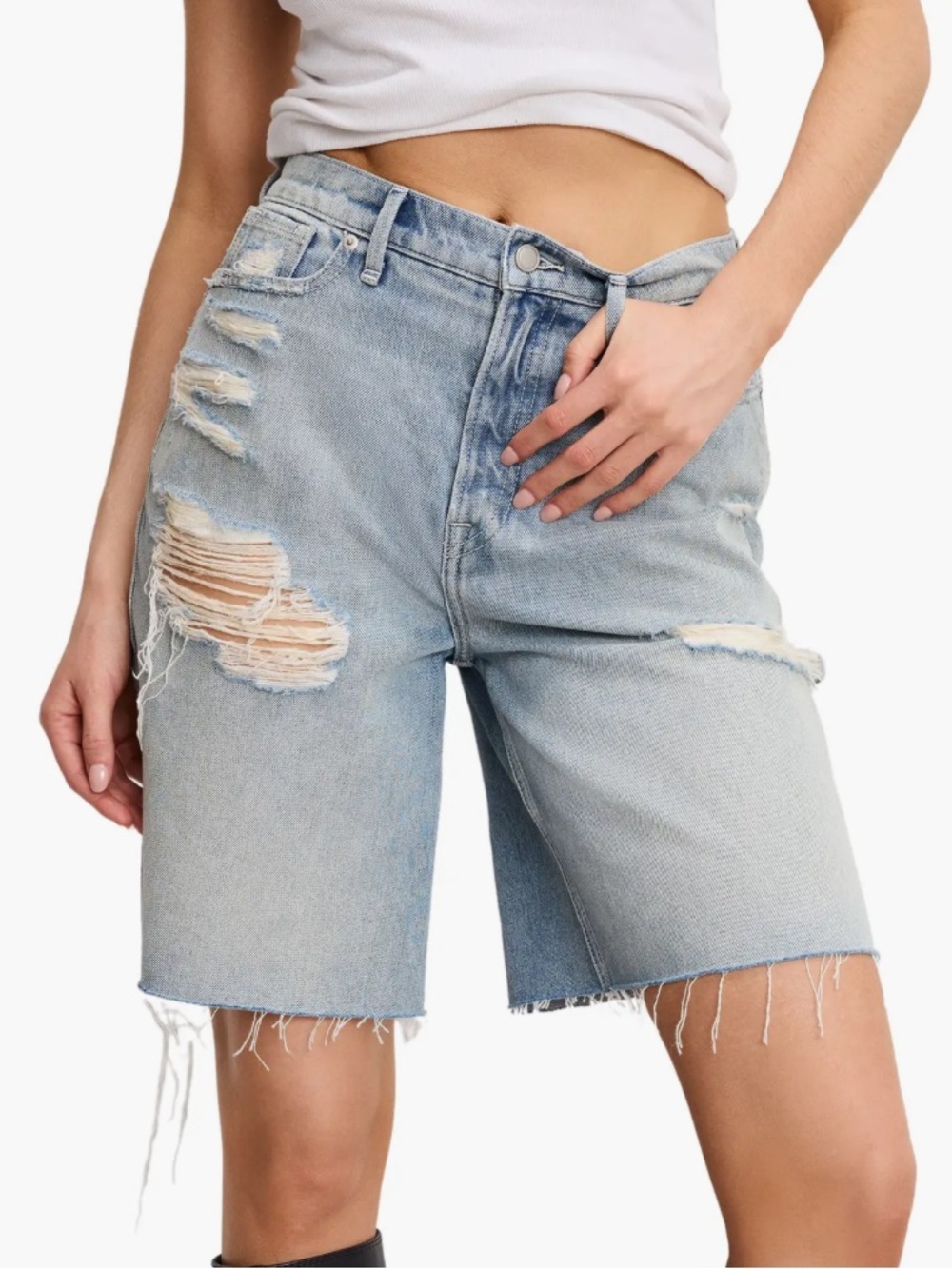 Good American Light Blue Distressed Denim Bermuda Shorts